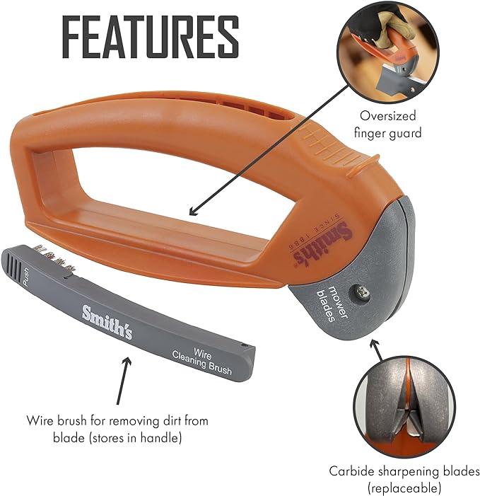 Smith’s 50603 Handheld Lawn Mower Blade Sharpener - Oversized Handle & Large Safety Guard - Durable Plastic - Easy to Use - Wire Cleaning Brush - Preset Carbide Blade - Gardening Lawn Care Tools