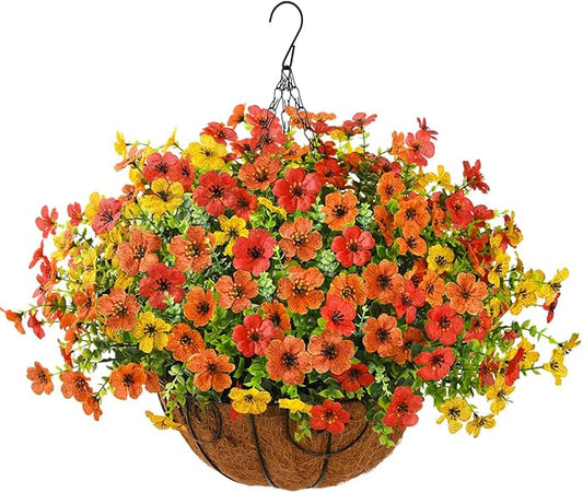 Artificial Faux Hanging Plants Flowers Basket for Spring Outdoor Decoration, Fake Silk Daisy in Planter Realistic UV Resistant Look Real for Porch Home Patio Balcony Yard(Red Orange Yellow)
