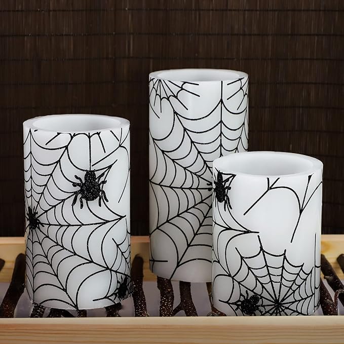 Spider Web Decor Flameless Candles Battery Operated with Remote Timer Haunted House Spooky Decorations Set of 3 Real Wax Black LED Flickering Candles Decorative for Halloween Decor Party
