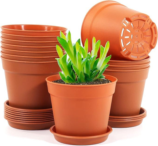 12 Pack 4 inch Plastic Planters, Seedlings Plant Nursery Pots with Drainage Holes and Saucers for Plants Flowers Succulent and All House Plants, Terracotta