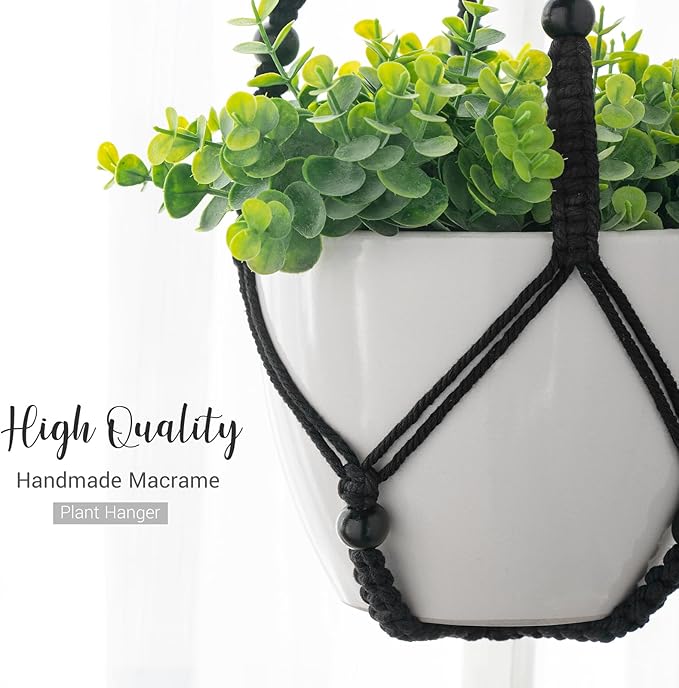 Mkono 3 Pack Macrame Plant Hangers Indoor Different Size Hanging Planter Basket Flower Pot Holder with Beads No Tassels 35"/29"/23", Medium, Black