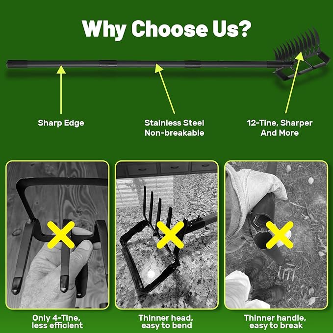Stirrup Hula Garden Hoe with 12 Tines Rake, 2 in 1 Yard Weed Puller Gardening Weeding Tools, Garden Tiller Cultivator with 76" Adjustable Handle for Garden Weeding,Seeding,Ditching,Loosening Soil