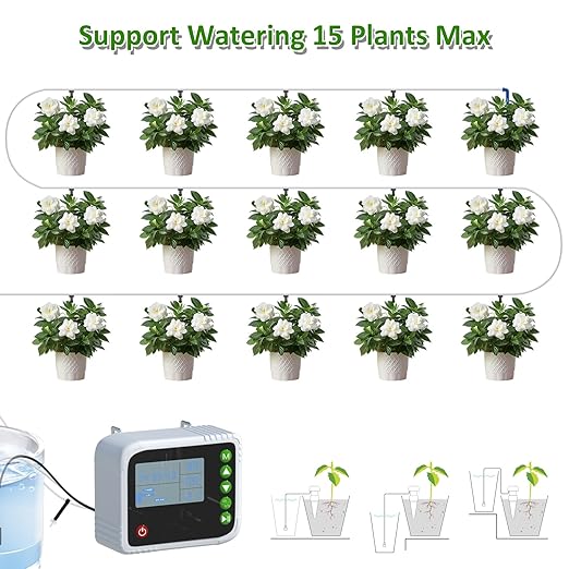 PChero Automatic Drip Irrigation System Kit, Indoor Plant Self Watering System Devices for 15 Potted Plants, USB Charging Plant Waterer Indoor with Timer, Buzzer and Water Sensor for Vacation