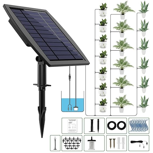 Solar Automatic Drip Irrigation Kit System, JIYANG Solar Powered Auto Easy DIY Watering Device Supported Pots Plants, 12 Timing Modes with Anti-Siphoning Device (Supported 20-30 Pots, 12Timing Modes)