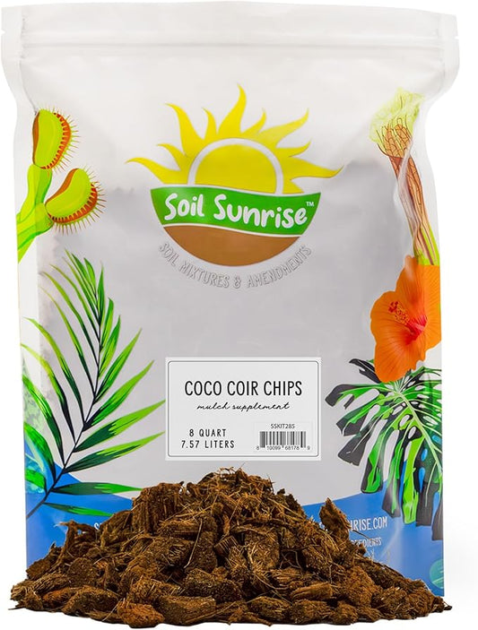 Loose Coco Coir Chips Mulch and Soil Amendment (8 Quarts); Premium Coconut Coir Substrate for Plants and Container Gardening
