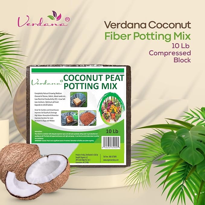 Verdana Coco Coir Brick Potting Mix - 10 Lb Compressed Block – Coconut Fiber, Coco Peat, Coir Pith - Alternative to Peat Moss – Soilless Growing Medium - Low EC, Optimum pH, High Expansion
