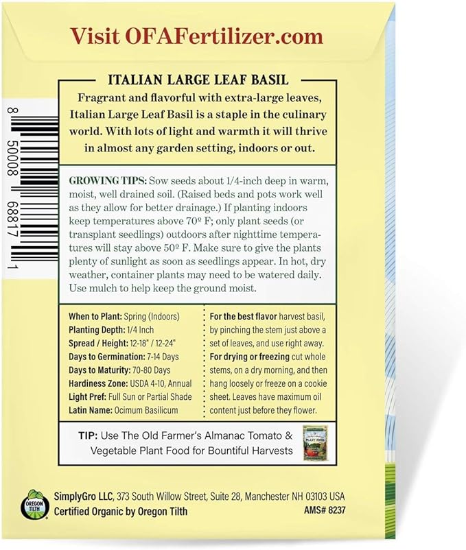 The Old Farmer's Almanac Organic Basil Seeds (Italian Large Leaf) - Approx 450 Seeds - Certified Organic, Non-GMO, Open Pollinated, Heirloom