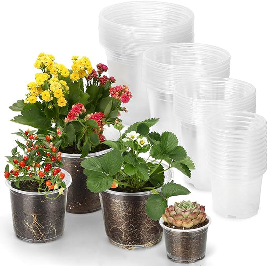 48 Pack 7/6/5/3.5 Inch Clear Plastic Pots for Plants, Clear Nursery Pots with Drainage Holes, Reinforced Plastic Nursery Pots Variety Pack