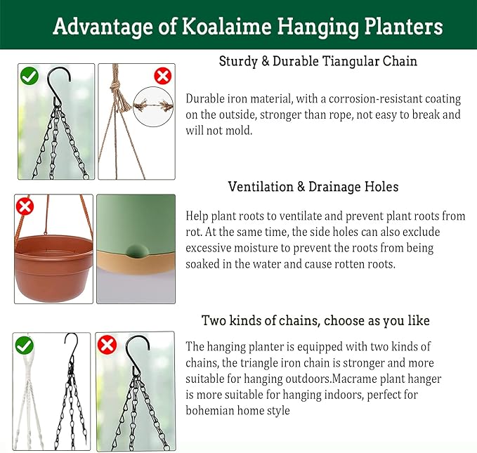 Hanging Planter Self Watering 10 Inch, 2 Pack Indoor Outdoor Hanging Baskets, Hanging Flower Pots with Drainage Hole & 2 Kinds of Plant Hangers for Garden Home Decor(Green)…