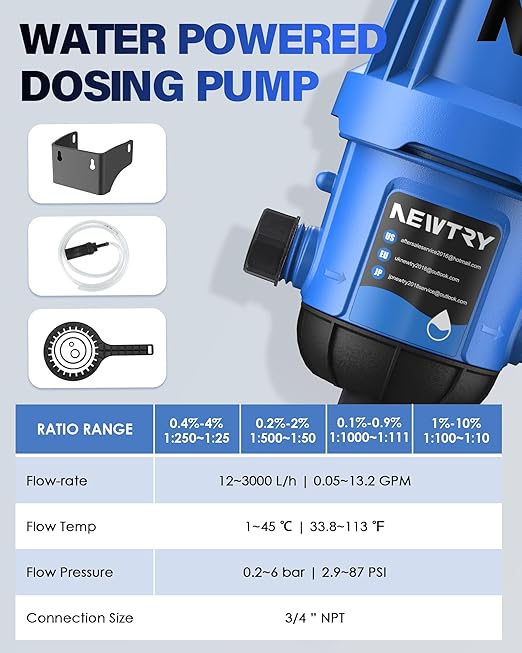 NEWTRY Fertilizer Injector for Drip Irrigation, 0.1%-0.9% Adjustable Dosing Pump, 3/4'' NPT Water Powered Liquid Doser for Garden, Greenhouse, Irrigation & Hydroponic System, Farm, Grow Tent