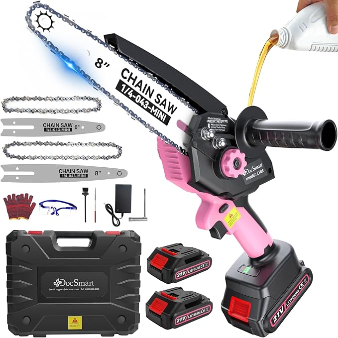 Mini Chainsaw Cordless, 8 inch & 6 inch Electric Chain Saw with 2 Pack Rechargeable Batteries, Battery Powered Handheld Saw Men Gifts for Trees Branches Trimming Wood Cutting, Pink