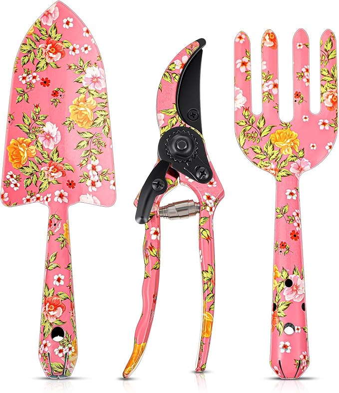 3 Pcs Pink Floral Gardening Tools Set Flower Garden Tool Set for Outdoor, Gardening Kit for Women Garden Hand Tools Set with Pruner, Trowel, Rake, Christmas Gardening Gifts for Women