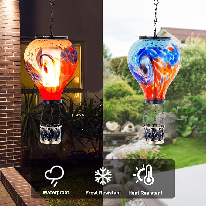 Starsoul 2 PC Hot Air Balloon Solar Lantern with Flame Glass Outdoor Hanging Hot Air Balloon Solar Light Waterproof Garden Patio Yard Party Decorations