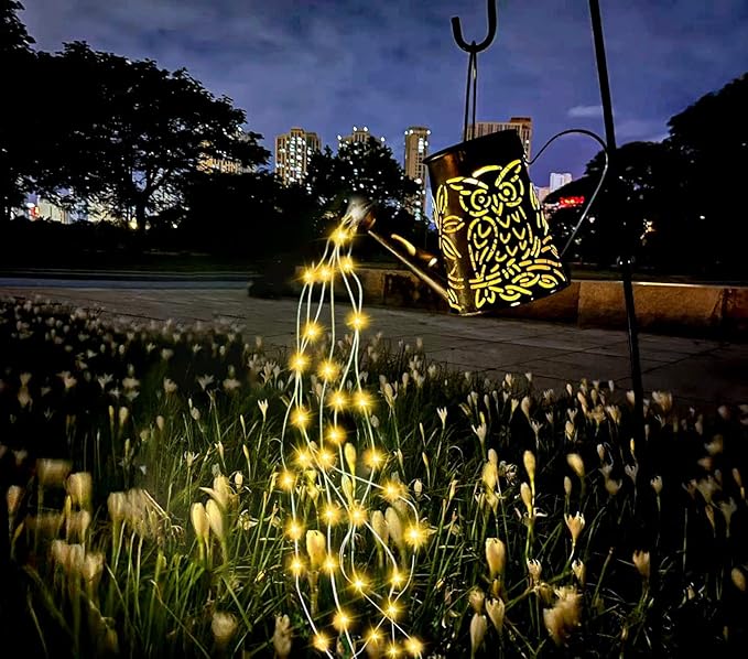Solar Watering Can with Cascading Lights - Large Waterfall Lights Garden Decor, Owl Shape Solar Hanging Lantern Outdoor Waterproof , 96 LEDs String Light Flashing for Patio,Lawn,Garden,Pathway