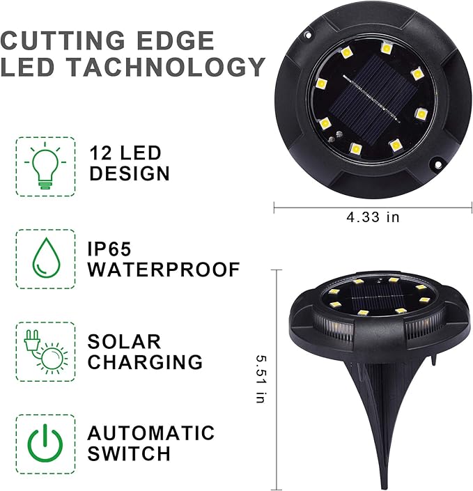 K.E.J. Solar Lights Outdoor 12 Pack Waterproof Solar Garden Ground Lights Landscape Lighting for Outside Patio Pathway Lawn Yard Deck Driveway Walkway