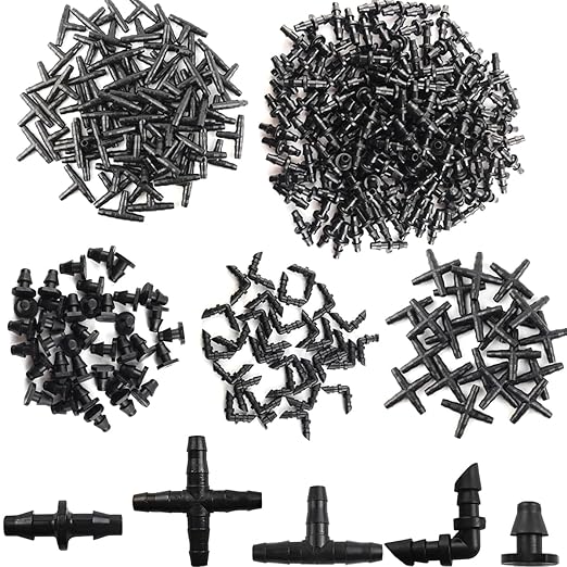 GXXMEI 340PCS Irrigation Fittings Kit, Drip Irrigation Barbed Connectors for 1/4-Inch Tubing Flower Garden Lawn Irrigation (170 Straight Barbs + 80 Tees + 30 Elbows + 40 End Plug+ 20 4-Way Coupling)
