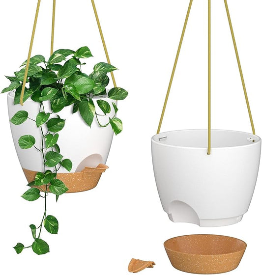 ZMTECH 8 Inch Hanging Planters for Indoor Outdoor Plants, 2 Pack Self Watering Hanging Plant Pots with Drainage Holes and Removable Saucer, Plastic Flower Hanging Pots with Watering Lip (White)