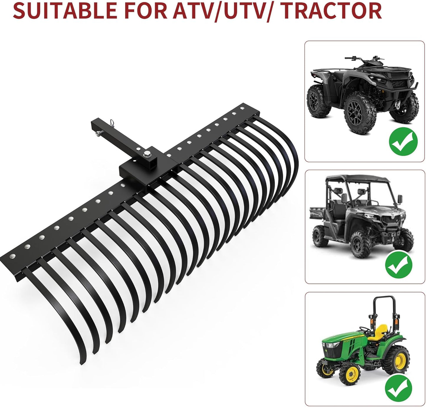 YITAMOTOR 5FT Tractors Rake 21 Pine Straw Rake Fits 2" Receiver for Lawn Tractors or ATV/UTV