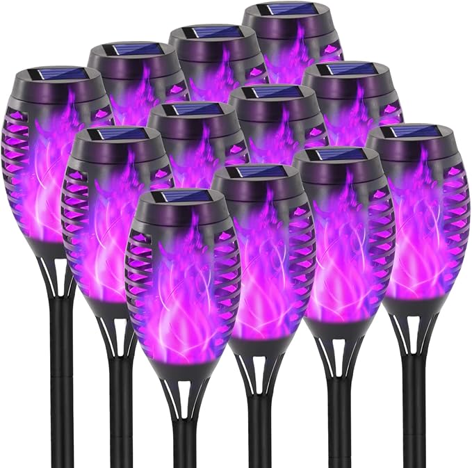 EOYIZW Solar Lights Outdoor, Halloween Decorations Purple Solar Tiki Torches for Outside Lights, 12 Pack Solar Torch Light with Flickering Flame Landscape Outdoor Lights for Yard Patio Garden