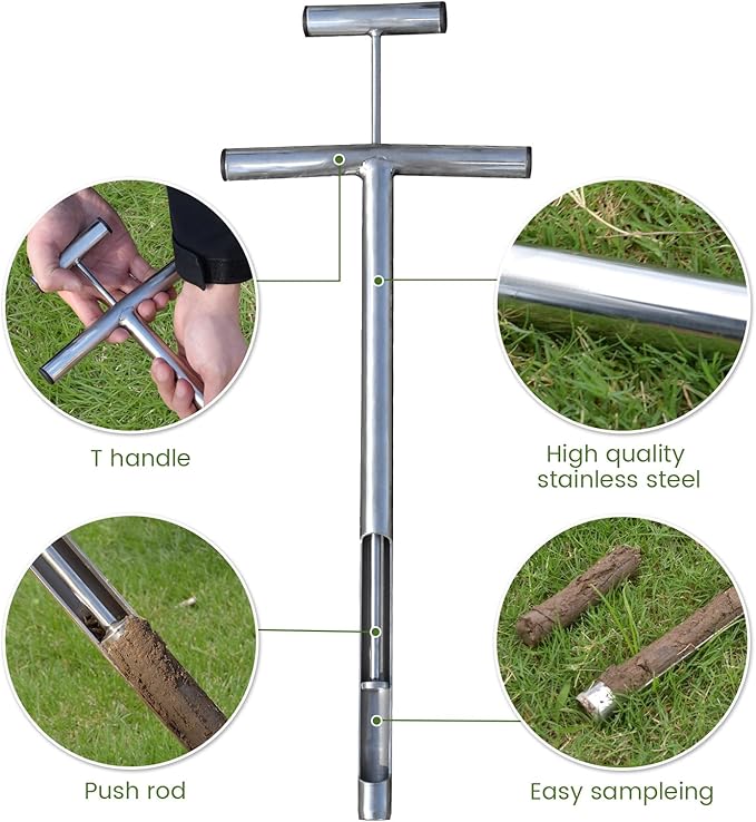 Soil Probe 16 Inch with 2 Bags, Soil Sample Probe with Ejector for Lawn House Plants, T-Handle Soil Sampler Probe Rod, Stainless Steel Soil Test Kits Tool for Soil Sampling
