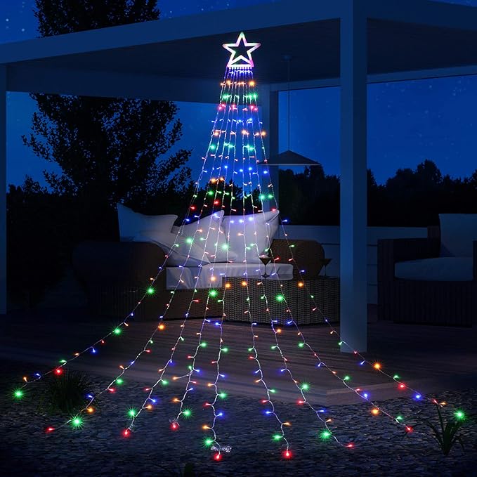 Toodour Christmas Decorations Outdoor Star Lights, 317 LED 10ft X 9 Waterfall Tree Lights with 12" Topper Star, 8 Lighting Modes Outside Christmas Lights for Yard Garden Holiday Decor (Multicolor)