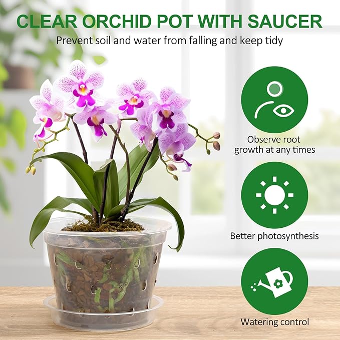 Orchid Pot,3 4 5 6 7 Inch 10 Pack Orchid Pots with Holes and Saucers,Clear Orchid Pots for Repotting,Slotted Orchids Planter