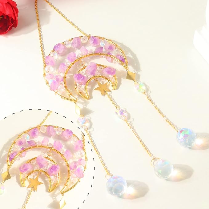 Amethyst Crystals Suncatcher - Hanging Moon Sun Catcher with Glass Prisms for Windows, Healing Amethyst Crystal Decor for Home, Gift for Christmas Birthday Valentine Mothers Day
