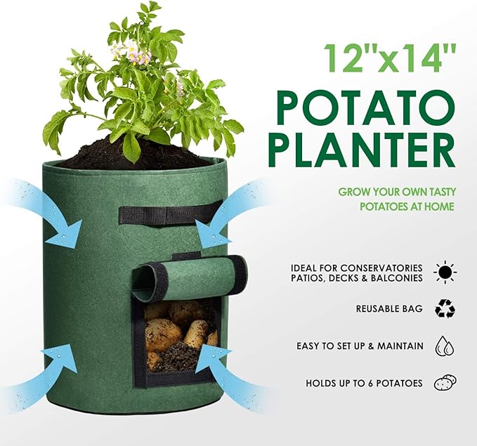 Delxo 5 Pack 7 Gallon Potato Growing Bags, Planter Garden Grow Bags with Flap, Double Layer Breathable Nonwoven Cloth for Planting,Vegetable,Tomato,Aeration Fabric Pots with Handles Green