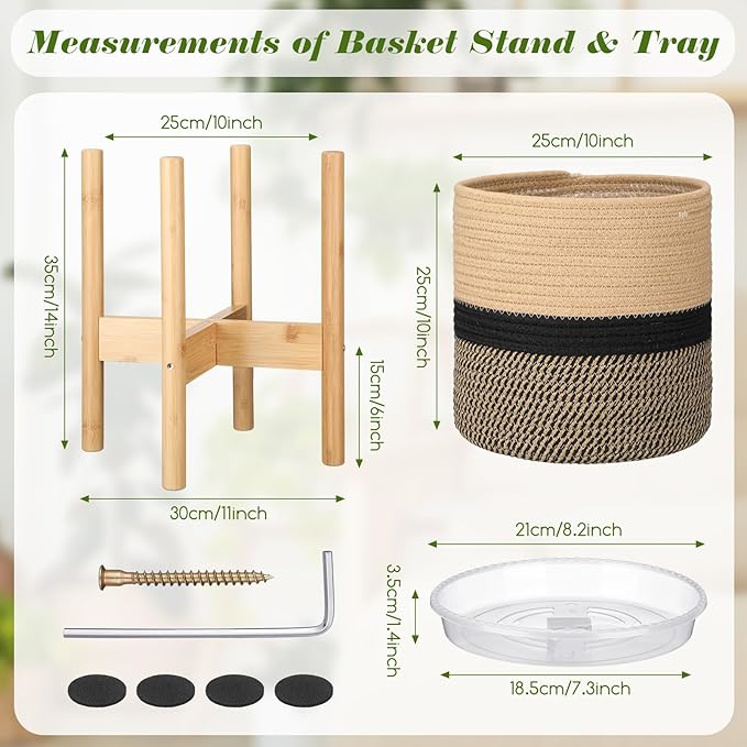 Plant Basket with Stand Indoor Planter Pot Holder Sturdy Jute Rope Modern Woven Basket, Cotton Rope Woven Pot with Bamboo Stand(10 Inch,Black and Beige Stripes)
