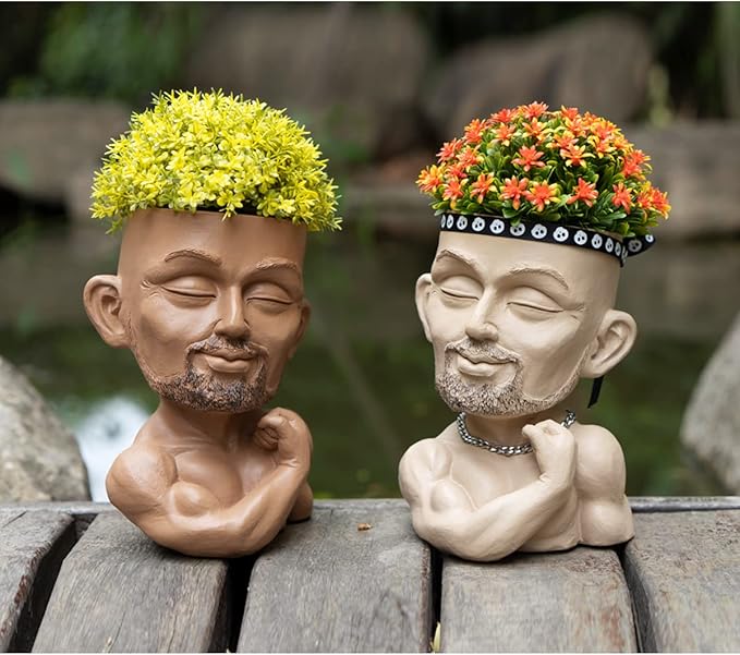 Beefcake Face Planter Pots Head Planter Man Face Planters Pot Head Face Flower Pot Head Planter with Drainage Hole Mscular Man(Khaki)