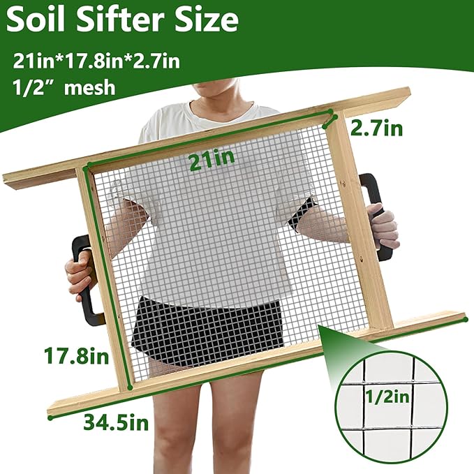 Large Soil Sifter, Dirt Sifter for Gardening, for Use in a Wheelbarrow, Compost Sifter, Garden Sieve for sifting Little Rocks/Top Soil/Leaves/Loam Soil/Sand/Gravel (17.8”×34.5” with Mesh Screen 1/2")