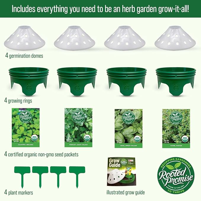 4 Herb Garden Kit with Grow Rings and Greenhouse Germination Domes – Certified Organic Herb Planter Kit – Gardening Gift for Mom, Teachers, Women, and Men – Made in USA