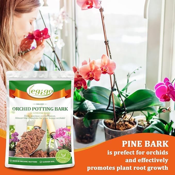 Legigo 10 Quarts Organic Orchid Potting Bark- All Natural Orchid Bark Potting Mix Pine Bark Wood Chips for Houseplant Mulch, Orchid Plants Root Development
