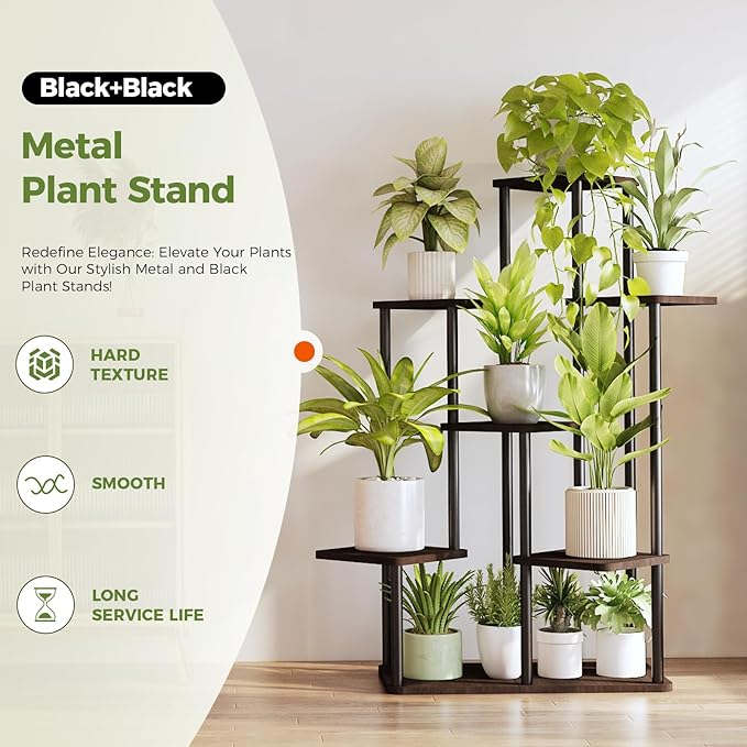 7 Tiered Plant Stand Indoor Corner Plant Shelf for Multiple Plants for Patio Garden Balcony Living Room Bedroom, Tall Metal Flower Pots Stand Relaxing for Women Gift Black Oak