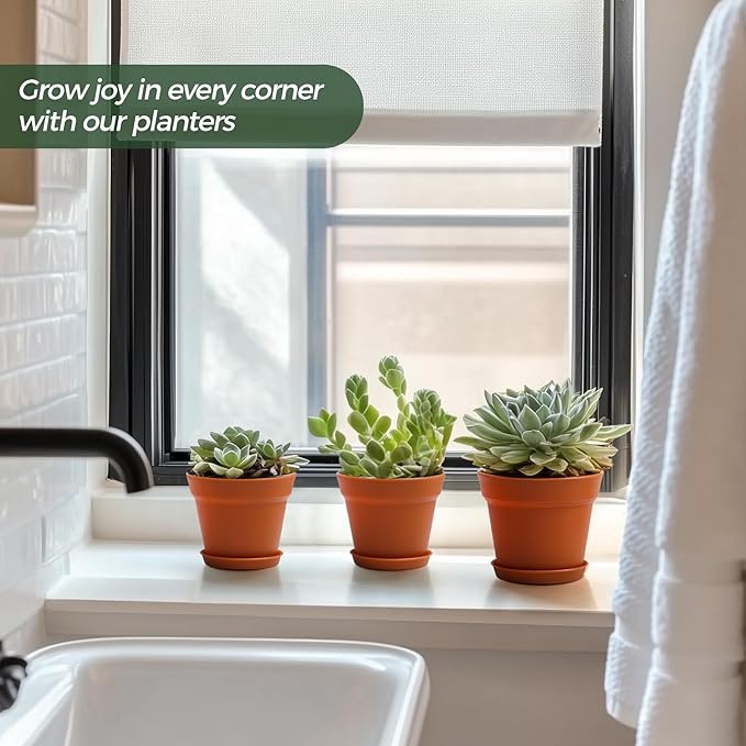 T4U 5 Inch Plastic Planters 18-Pack Small Plant Pot with Drainage Hole and Saucer, Decorative Nursery Flower Pot Bulk for African Violet, Aloe and All House Plants Indoor (Terracotta)