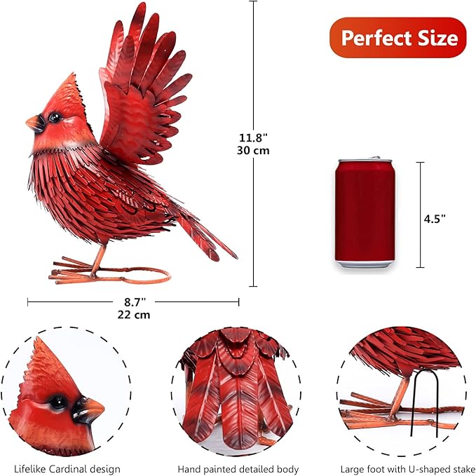 Nacome Cardinal Garden Decor Metal Yard: Art Outdoor Sculptures & Statues Large Red Bird Ornaments for Patio Balcony Front Backyard - Gifts for Grandma Mom