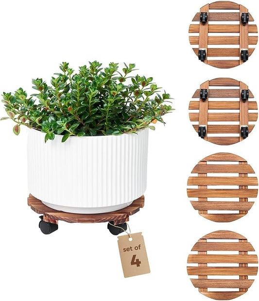 Bamworld Plant Stand with Wheels Plant Caddy Outdoor 4 Pack 12in Rolling Planter Caddy with Swiveling and Lockable Caster for Indoor Patio Plant Dolly Wood Wheeled Mobile Roller