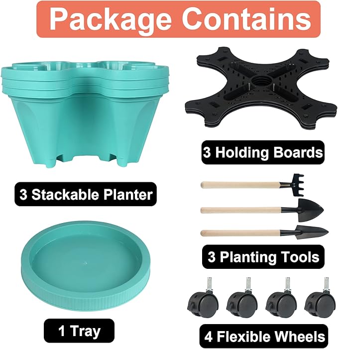 Vertical Planter 3 Tier Stackable Planters Garden Planters Strawberry Herb Flower and Vegetable Planter Indoor Outdoor Gardening Pots with Removable Wheels and Tools