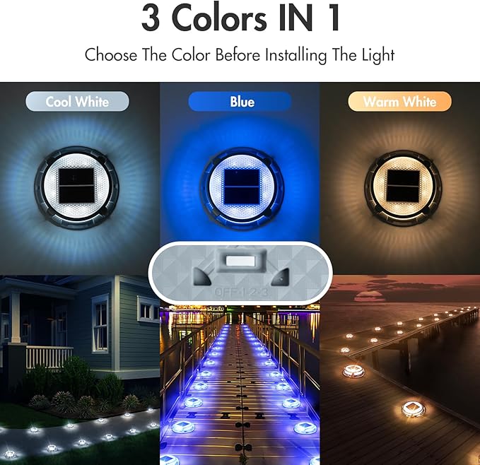 Quntis Solar Deck Lights for Outside, 3 Color Modes Deck Light Outdoor IP68 Waterproof, Solar Driveway Lights for Stair Pathway Walkway Road (Blue/Cool White/Warm White) 4 Pack