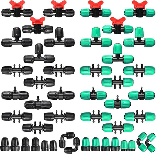 40 Pcs 1/2" Tubing Irrigation Fittings Kit 1/2 ID x 0.6-0.63 OD 16 mm Drip Irrigation Barbed Connectors Include 6 Switch Valves 18 Barbed Tee 8 Ends 4 Adapters 4 Elbows (Black and Green)