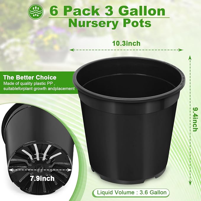 1/2/3/5/7 Gallon Pots for Plants, 3 Gallon Plastic Nursery Pot with Drainage Holes, Sturdy Plastic Plant Pots for Nursery Garden, Flowers, Succulent Outdoor Indoor (Black, 3 Gal- 6 Pack)