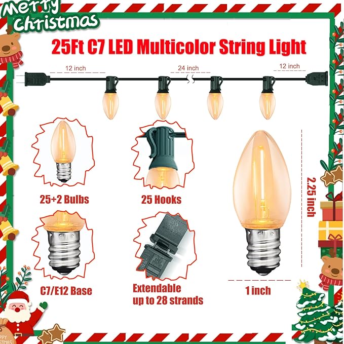 C7 Clear LED Christmas String Lights, 25FT C7 Outdoor String Lights with 27 LED Warm White Bulbs, Connectable Vintage Christmas Lights for Patio Porch Balcony Wedding Christmas Decorations, Green