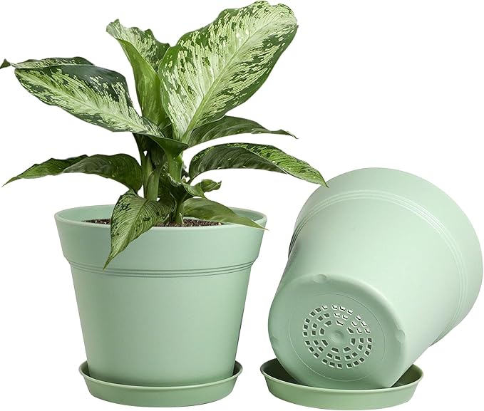 WOUSIWER 16 Pack 6 inch Plastic Planters, Plastic Indoor Planter Flower Pots, Heavy Duty and Stylish 6 Inch Plant Pots for Indoor Plants with Drainage Holes and Tray for Plants Flowers, Green