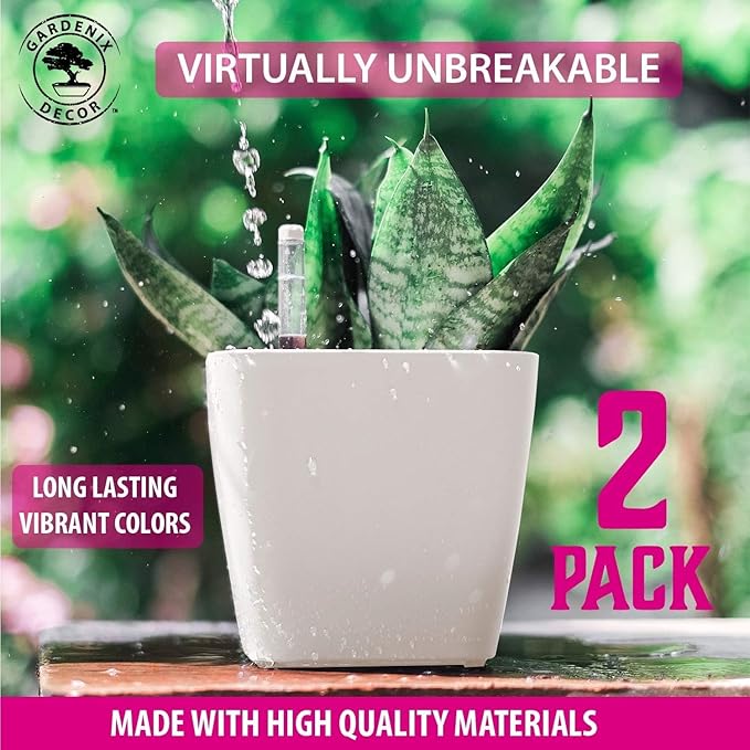 GARDENIX DECOR 5" Self Watering pots for Indoor Plants - Flower Pot with Water Level Indicator for Plants, Grow Tracking Tool - Self Watering Planter Plant Pot – 2 Pack White