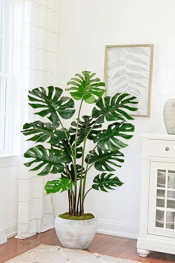 Hollyone Artificial Monstera Deliciosa Plant 4.5FT Tall Fake Tropical Palm Plants Trees Faux Monstera Indoor Swiss Cheese Plants for Indoor Outdoor Home Office Garden Living Room Decoration, 1 Pack