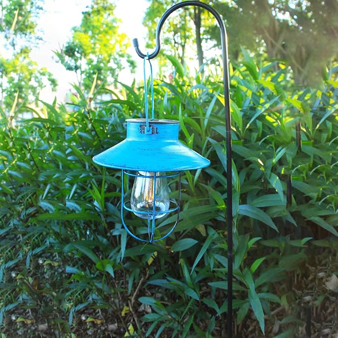 2 Pack Hanging Solar Lantern Lights with Shepherd Hook, Metal Waterproof Warm White Edison Bulb Lights for Garden Outdoor Pathway (Bule)