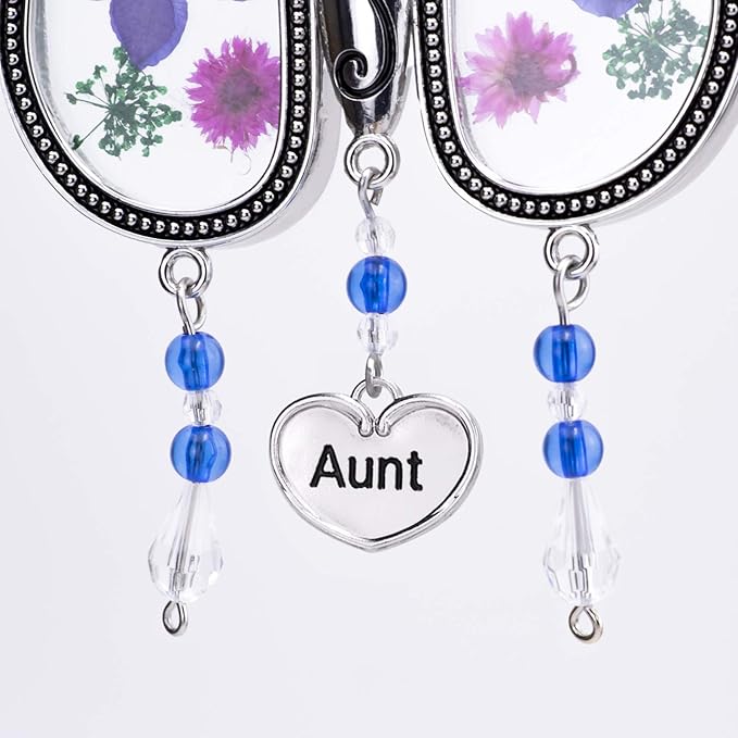 Laraine Butterfly Suncatcher with Pressed Flower Wings Mom Mother's Day Butterfly Glass Wind Chime Ornament Charm with Metal Heart Gifts for Mom Grandma Aunt Birthday (Purple Aunt (with Free Hook))