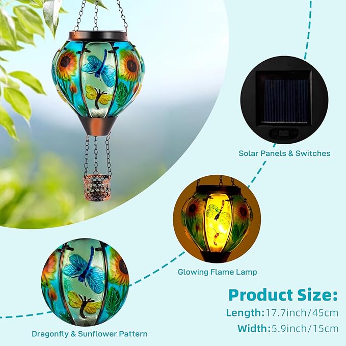 Hanging Hot Air Balloon Solar Lantern, Dragonfly Solar Power Hot Air Balloon Lantern Outdoor Waterproof, Glass Hanging Light for Outdoor Patio Garden Decor