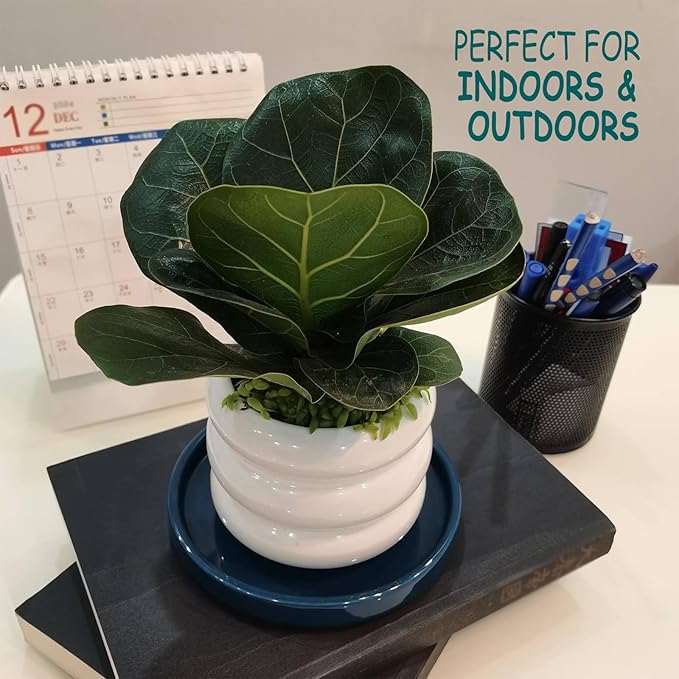 Ceramic Plant Saucer 5 Inch, 2 Pack Round Plant Saucers for Indoors/Outdoors, Flower Pot Saucers for Holding Water Drips and Soil, Ceramic Drainage Tray for Plant Pot (Blue)