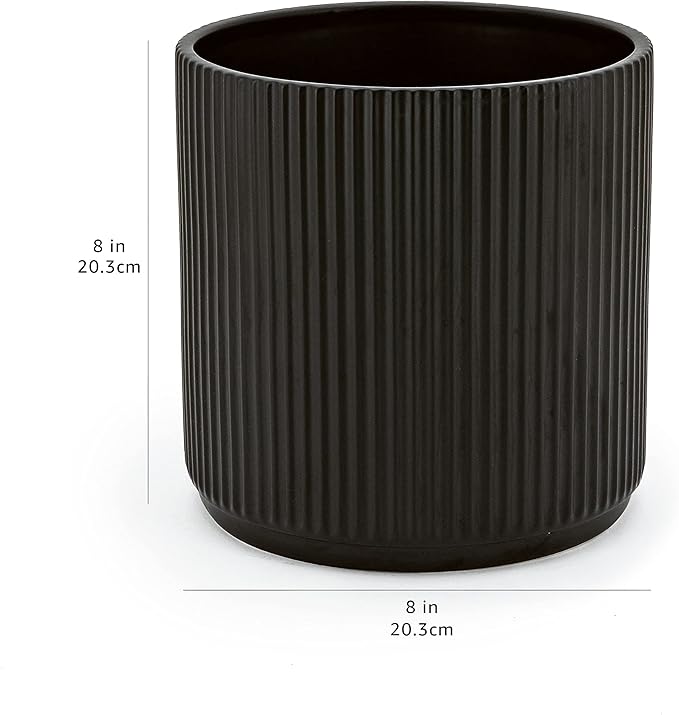 Amazon Basics Fluted Round Ceramic Planter, 8-Inch, Black